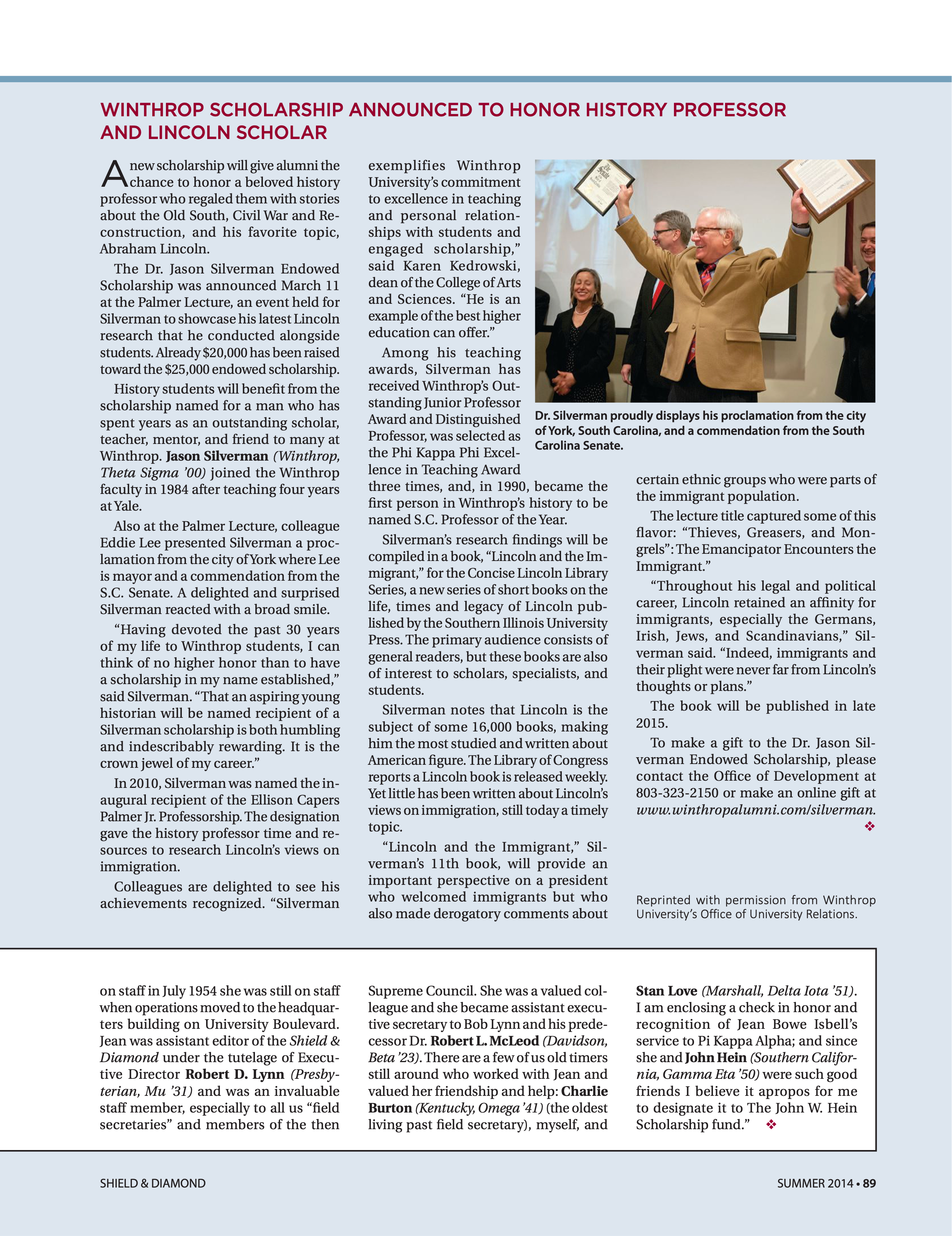 Winthrop Scholarship Announced To Honor History Professor and Lincoln Scholar